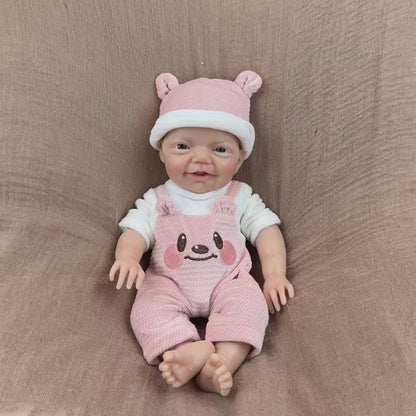 30cm Lifelike Smile Full Silicone Blue Eyes  Charlie Reborn Girl in Pink Bear Clothes