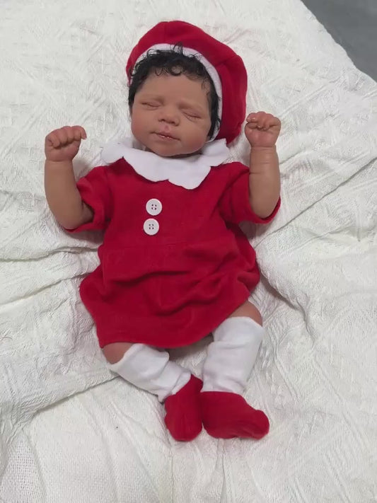 19 Inches Lifelike Closed Eyes Dark Skin Reborn Doll In Christmas Clothes-Pascale